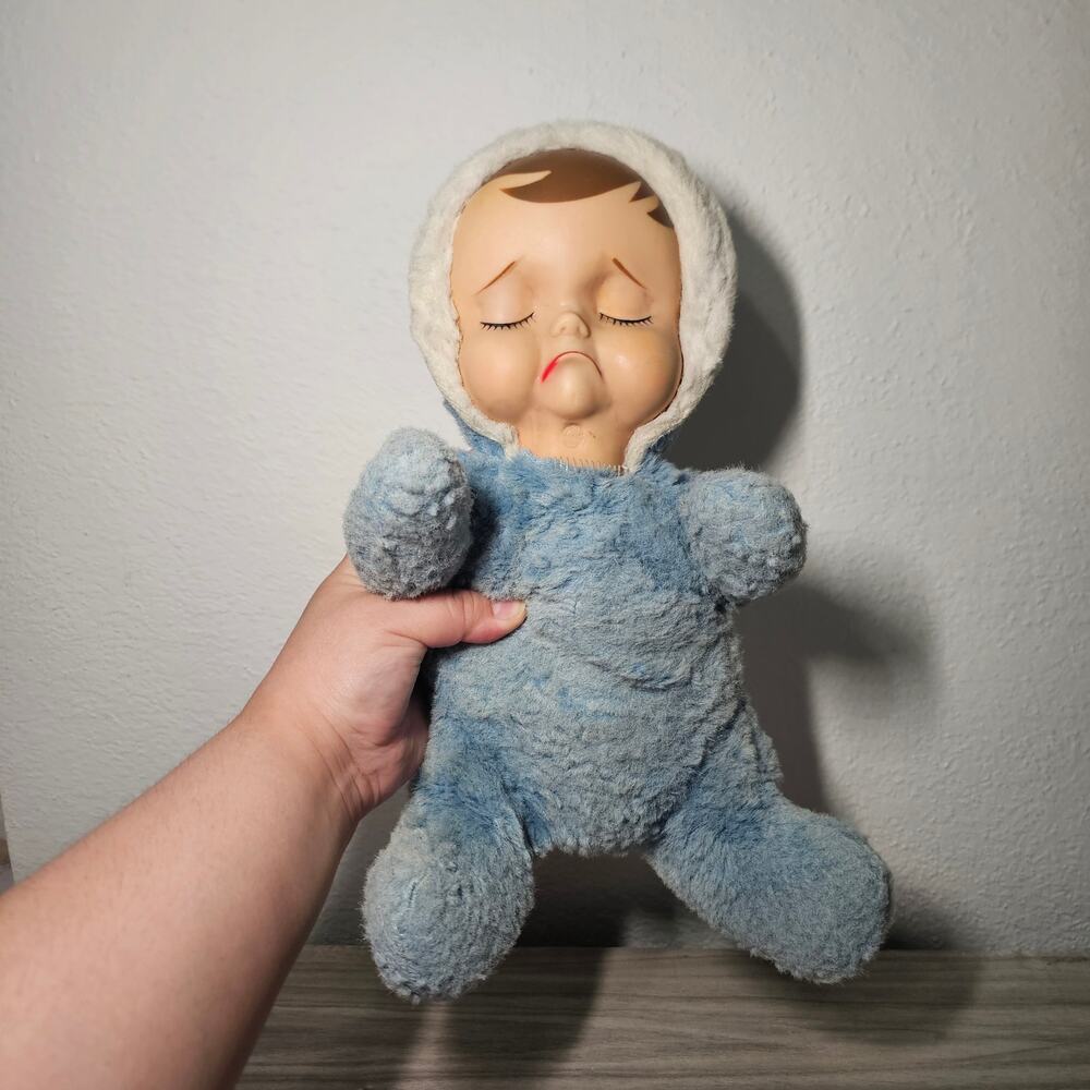 Vintage Knickerbocker? Pouting Plush Doll Blue Baby Rubber Face Sad Crying